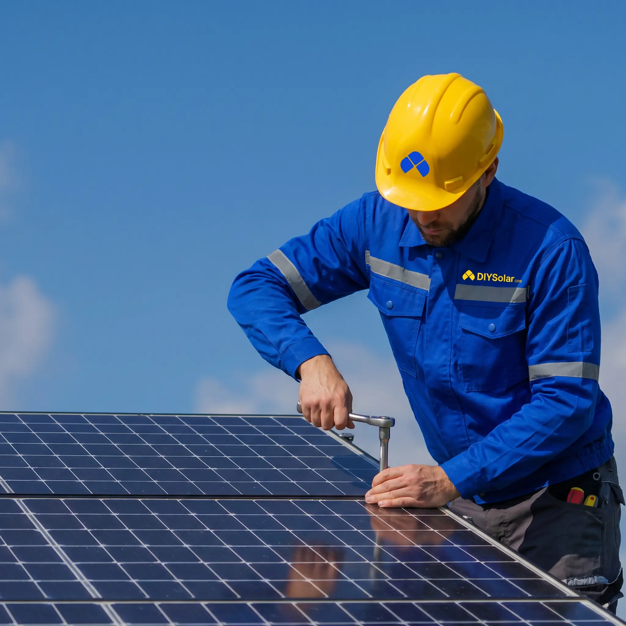 Technician installing solar panels on a rooftop