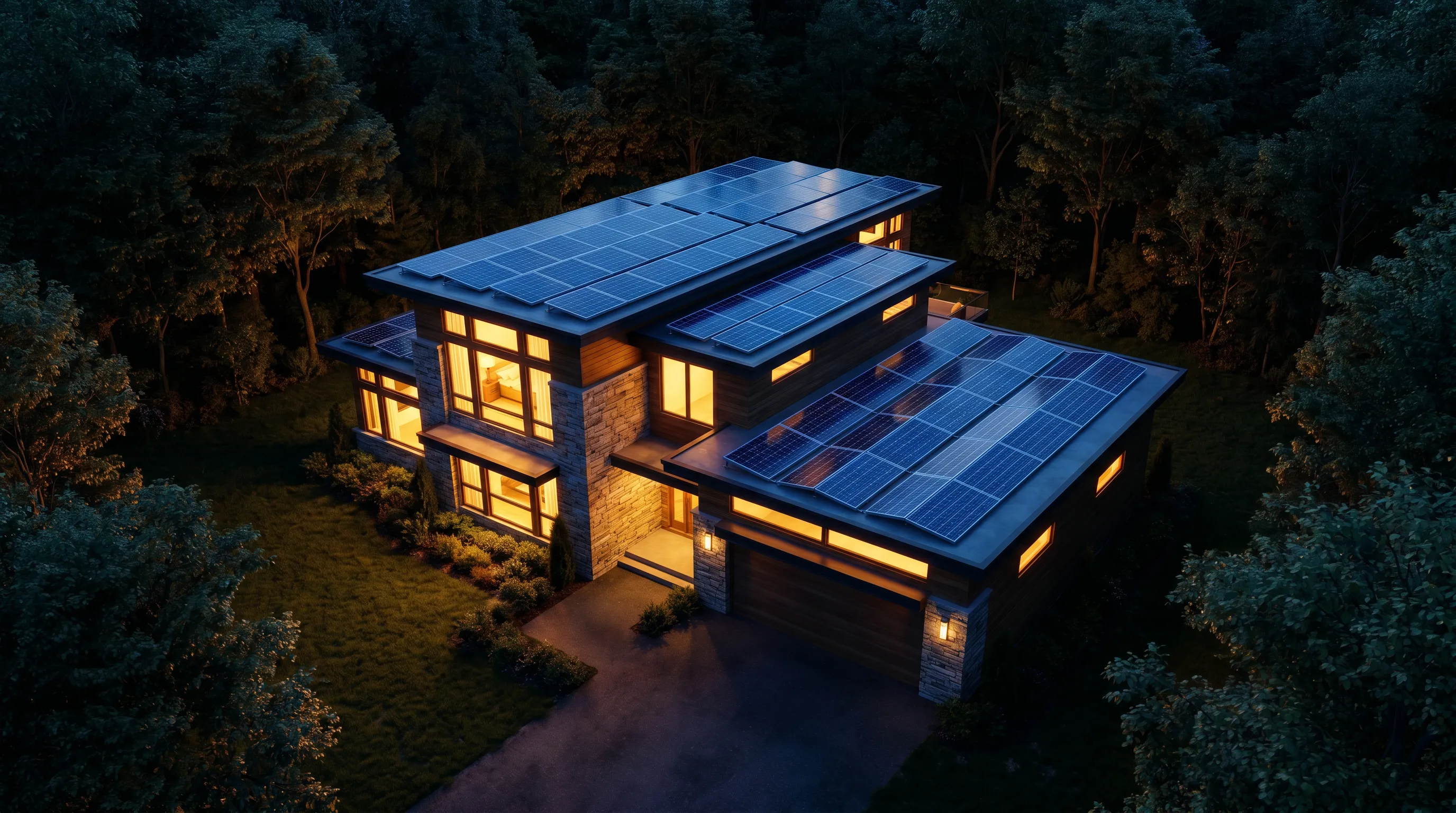 Aerial view of a large solar panel array surrounded by green forest