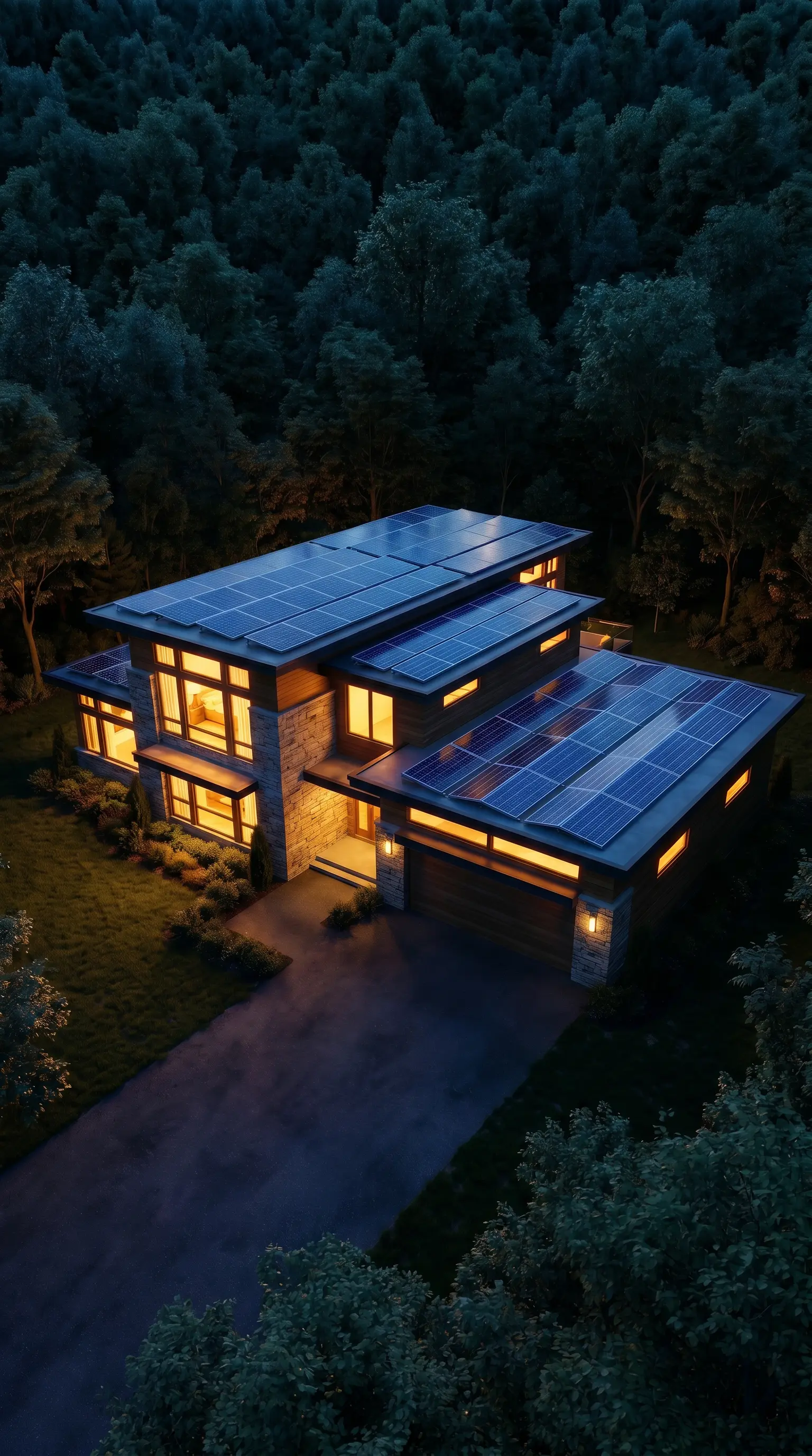 Aerial view of a large solar panel array surrounded by green forest
